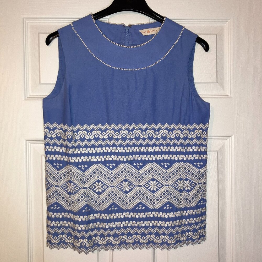 Tory Burch: Embroidered sleeveless blue blouse (size 4)